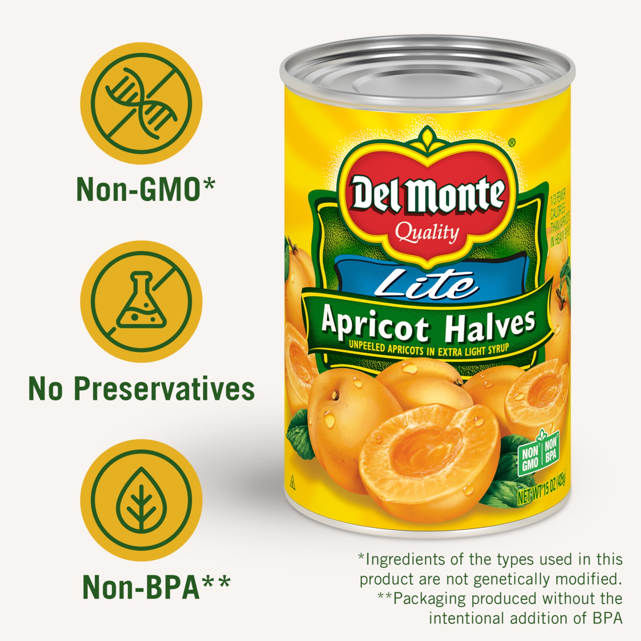 (12 pack) Del Monte Lite Apricot Halves, Canned Fruit, 15 oz Can