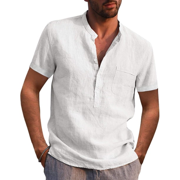 Camisa de lino y algodón para hombre, camisa informal de corte regular y manga larga