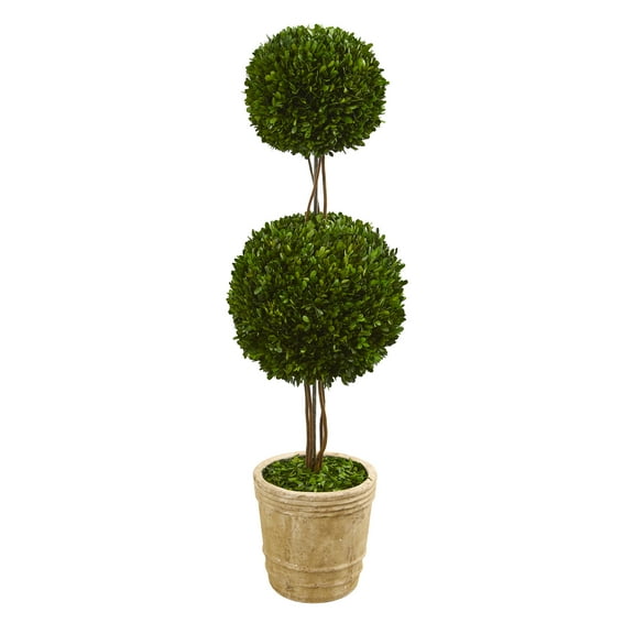 Nearly Natural 4' Preserved Boxwood Double Ball Artificial Topiary in Planter, Green