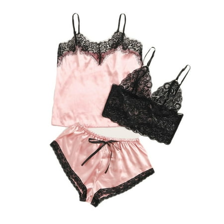 

BIZIZA Women s Cami Top Bralette and Shorts Pajama Set 3 Piece PJ Sets Soft Lace Sleepwear Loungewear Pink XL