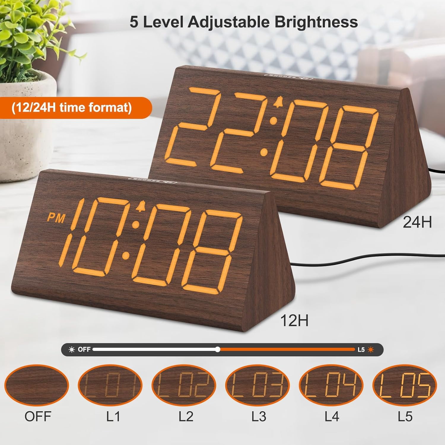 Wooden Digital Alarm Clocks for Bedrooms - Electric Desk Clock with Large Numbers, USB Port, Loud Heavy Sleepers, Adjustable Volume, Dimmer, Snooze, DST, Wood Décor, Adapter Powered