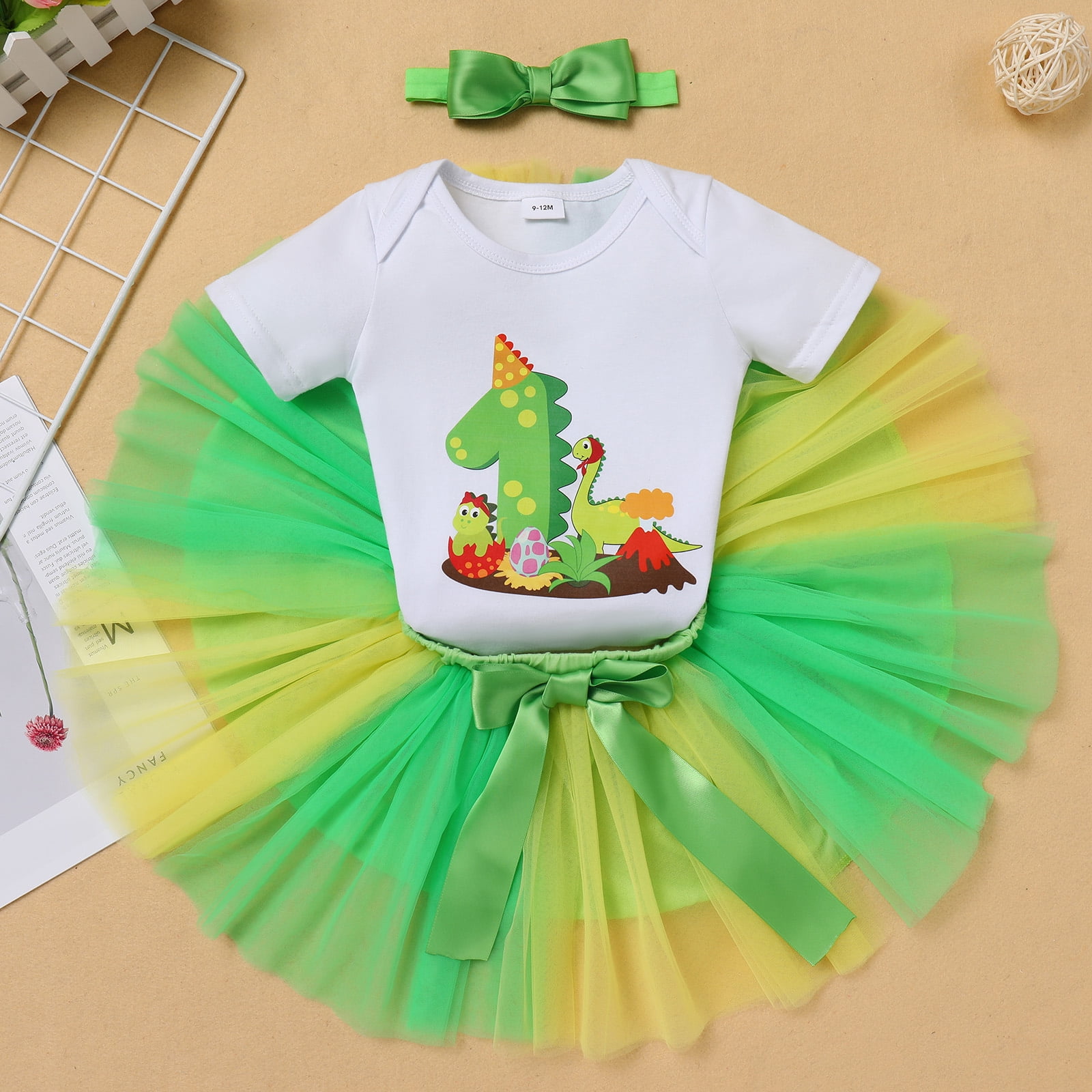 IBTOM CASTLE Infant Baby Girls Dinosaur Themed Party 1st Birthday Outfit Princess Romper + Tutu Skirt + Headband Clothes Set for Photo Shoot 1 Year Green