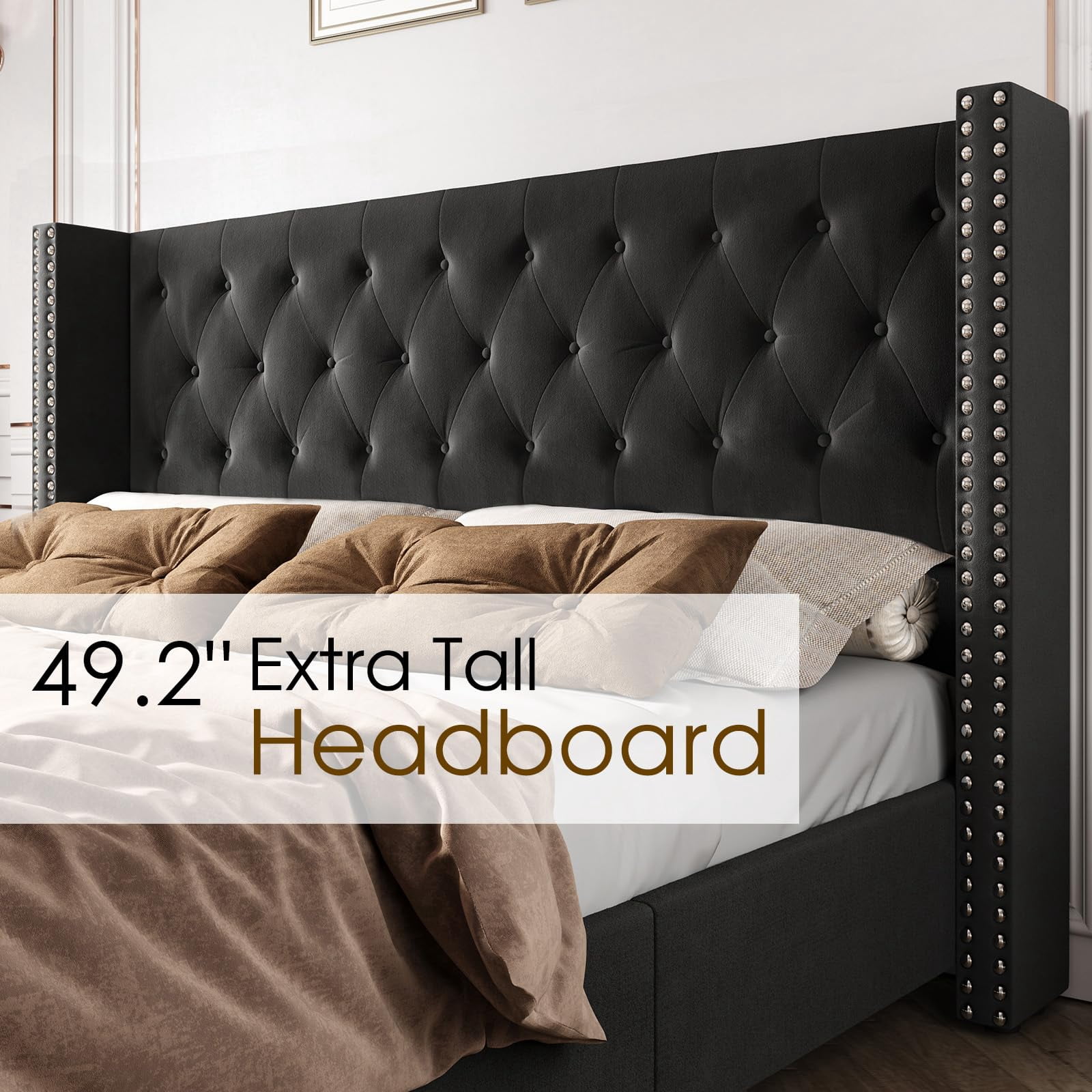 VanAcc Queen Size Bed Frame,Upholstered Velvet Low Profile Platform with Raised Wingback Headboard,Black