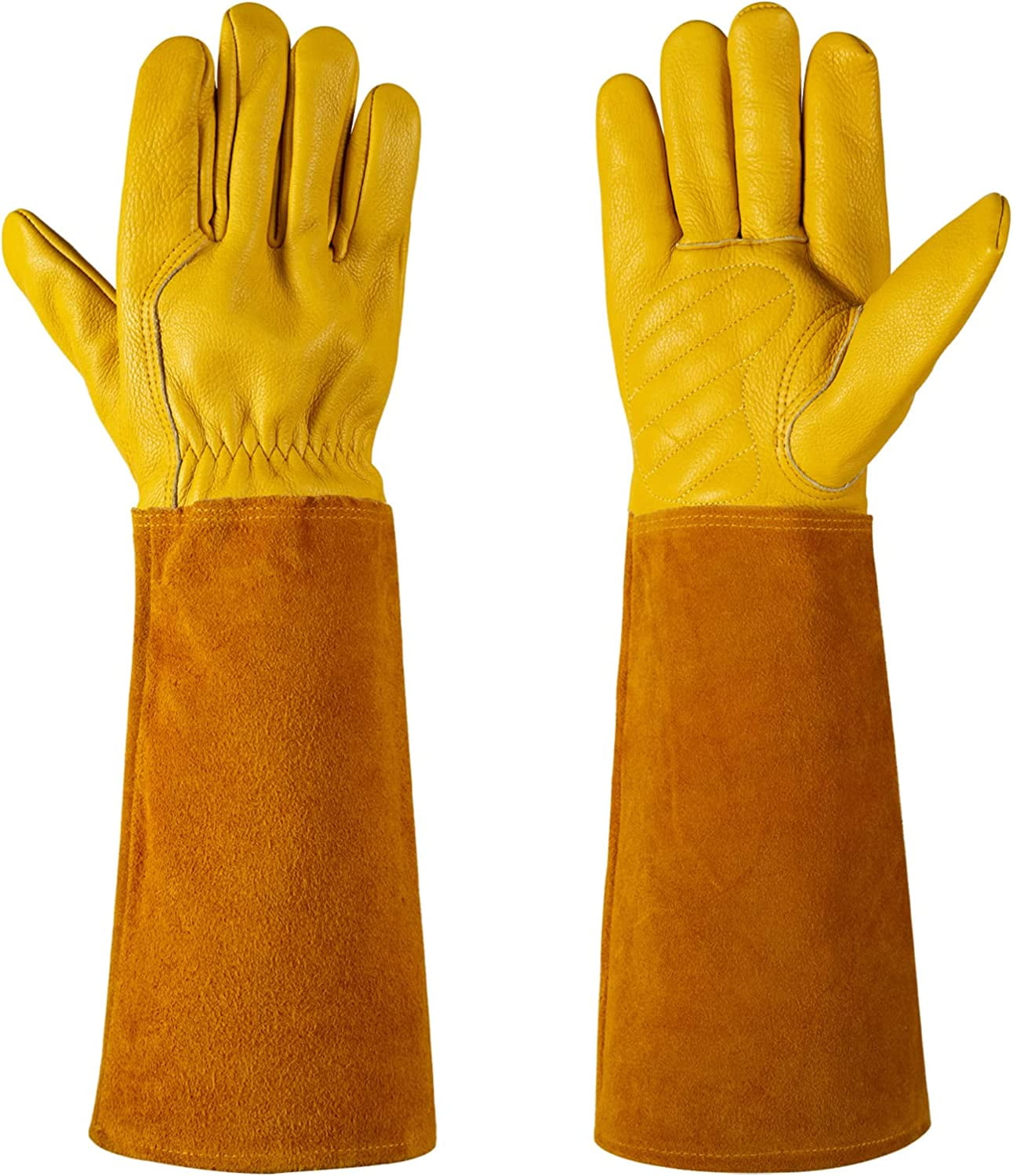 Guantes De Jardinería De Piel De Vacuno Manga Larga - Protección Hasta El Codo, Resistentes A Espinas, Talla M Amarillo