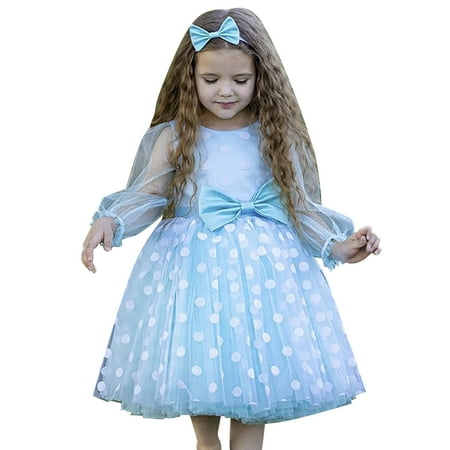 

Kids Little Girls Dress Tulle Long Sleeve Polka Dot Princess Tulle Bow Casual Dress Wedding Birthday Party Dresses