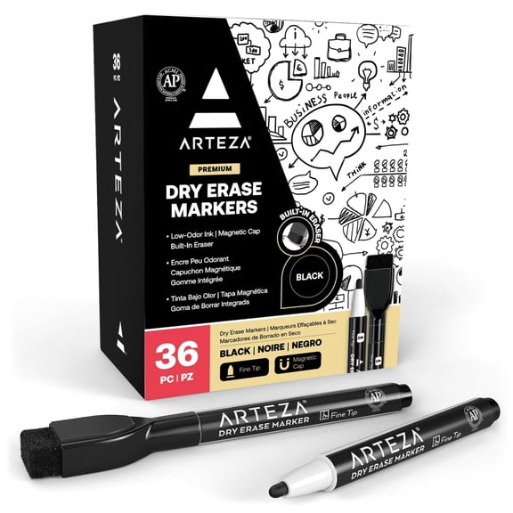 Arteza Magnetic Dry Erase Markers, Fine Tip, Black, 36 Count