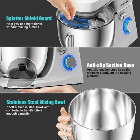 Costway - Tilt-Head Stand Mixer 7.5 Qt 6 Speed 660W with Dough Hook, Whisk & Beater - Silver