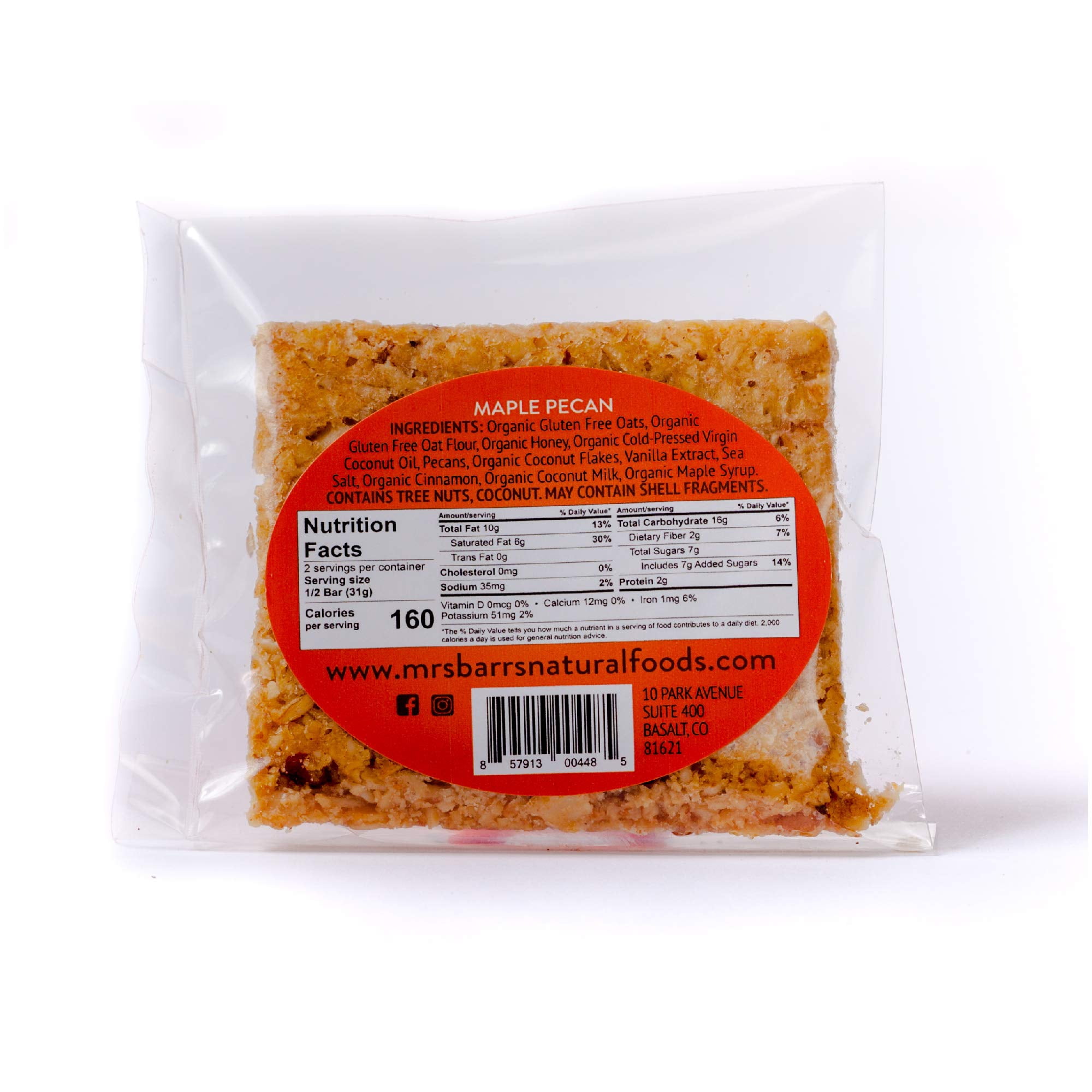 Mrs. Barr’s Natural Foods Granola Bars | Maple Pecan | Certified Organic Gluten Free Oats | Soft Texture | Small Batch | Gourmet Quality | Real Ingredients | 2.2 Ounces (12 Pack)