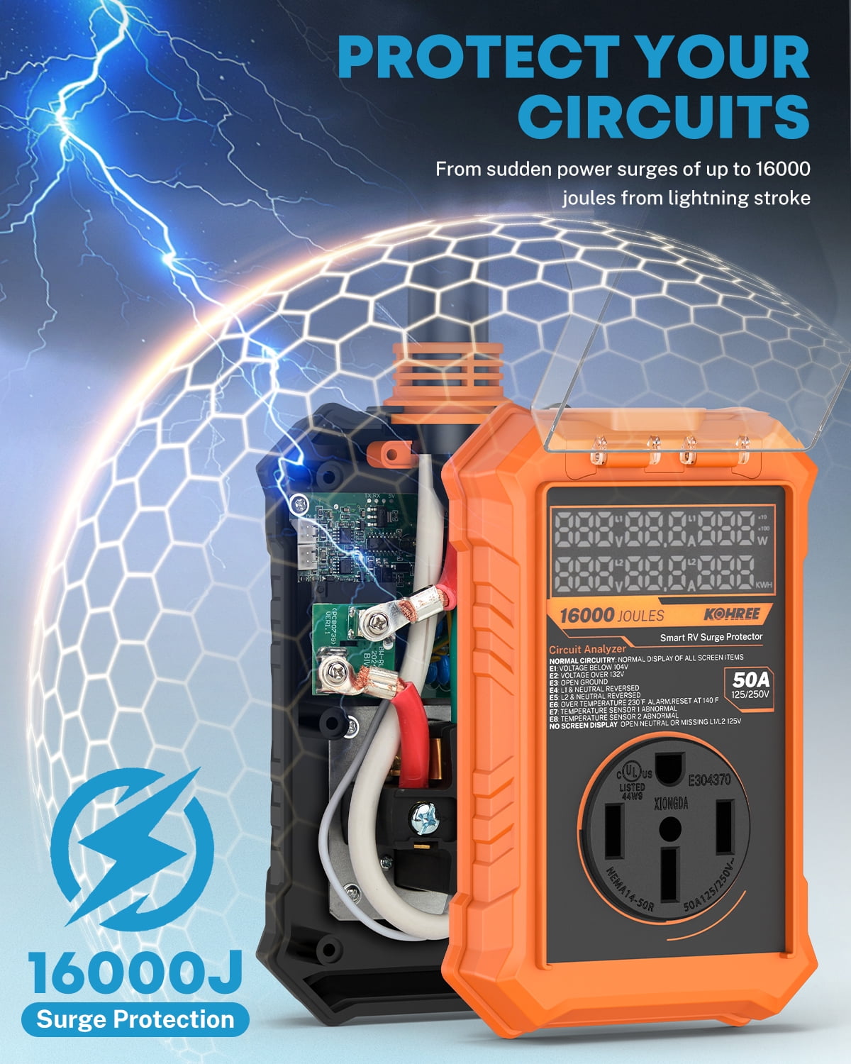 Kohree RV Surge Protector 50 Amp, 125V/250V 16000 Joules RV Circuit Analyzer with High/Low Voltage Protection for Camper Travel Trailers
