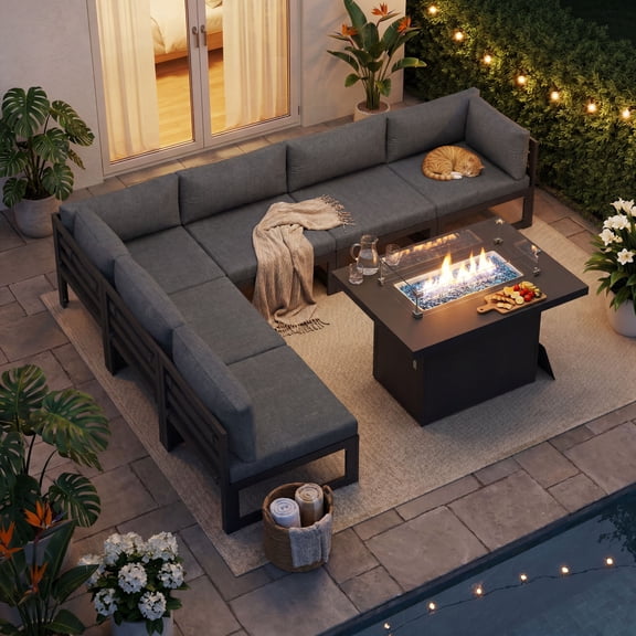 RADIATA Patio Aluminum Furniture Set with Fire Pit Table and Oversized 29" Seats, 7 Pieces Outdoor Sectional Conversation Sofa Set for Backyard, Poolside, 500 lb/Seat, Gray & Dark Gray