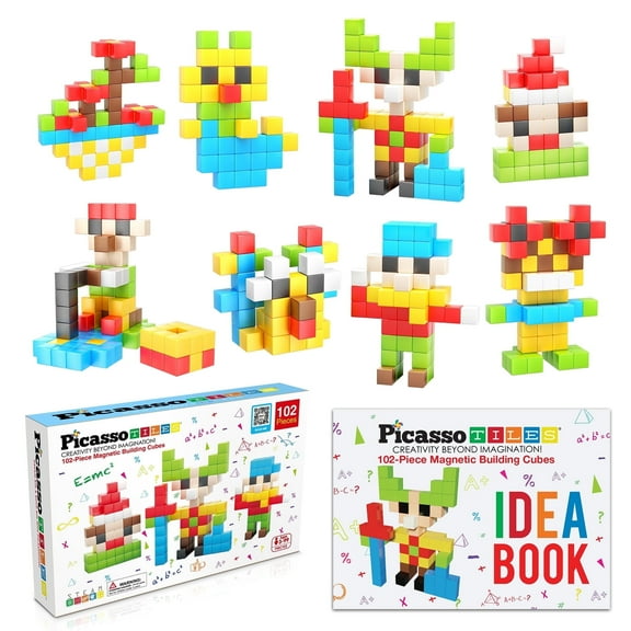 PicassoTiles 102PCS 1" Pixel Magnetic Puzzle Cube Set, Mix & Match Building Blocks, STEM Educational Toy with Idea Book for Kids Age 3 