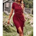 thumbnail image 4 of Women Summer Maxi Tshirt Dress Short Sleeve Crewneck Tie Waist Casual Fit Slit Spring Long Beach Dresses Wine Red M, 4 of 9