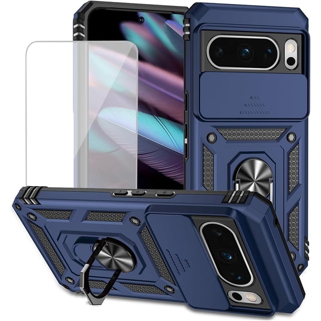 KOMI for Pixel 8 Pro Case, Google 8 Pro Case with Tempered Glass Screen Protector and Slide Camera Cover, Magnetic Ring Car Mount Holder Kickstand Protective Cases Cover for Google Pixel 8 Pro Blue