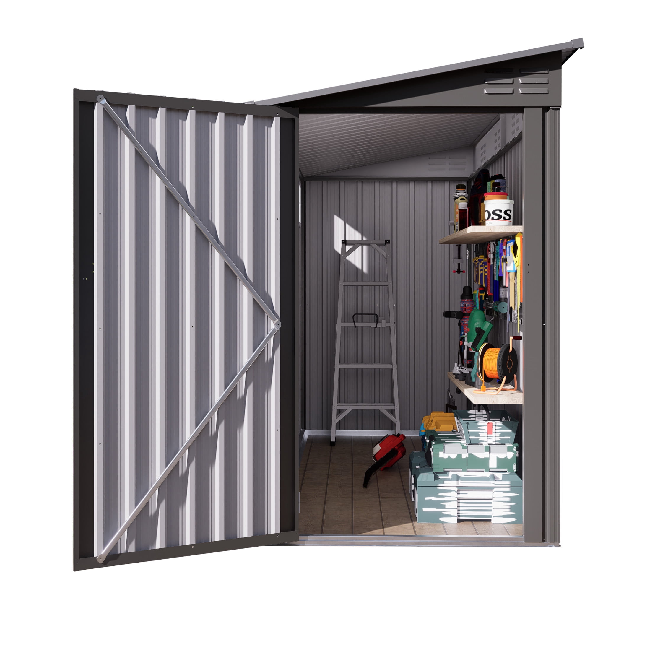 Noble House 4 x 9 FT Lean-To Metal Storage Shed with Window, Ventilated Tool House, Gray
