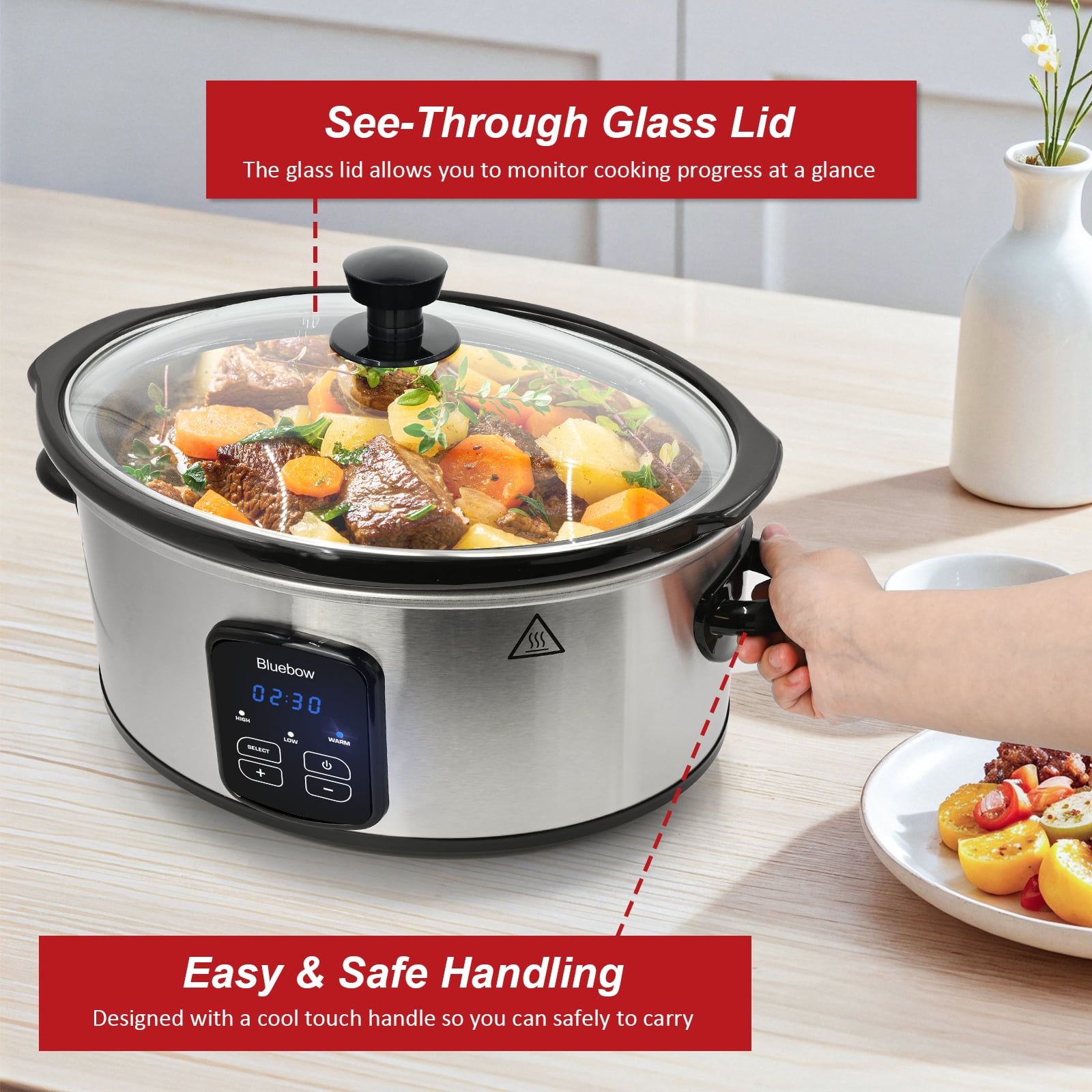 Bluebow 6QT Slow Cooker, Stoneware Crock with Removable Pot, 3 Heat Settings, Non-Stick & Auto Keep Warm, Stainless Steel