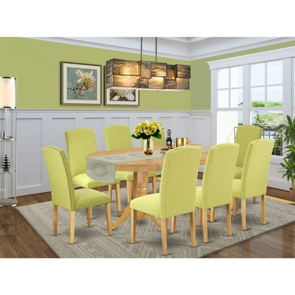 Kitchen Dining Set 9pc Table with Leaf & 8 Chairs - Linen Fabric & Oak Legs - Lakeside Living