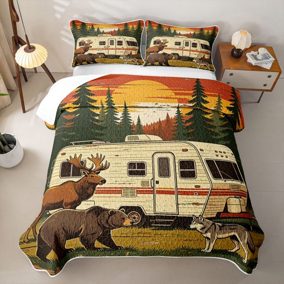 Catabedysis Retro Camping Quilt Full,Wildlife Print Full Bedspread Sets For Boys,Multicolor,3 Pieces
