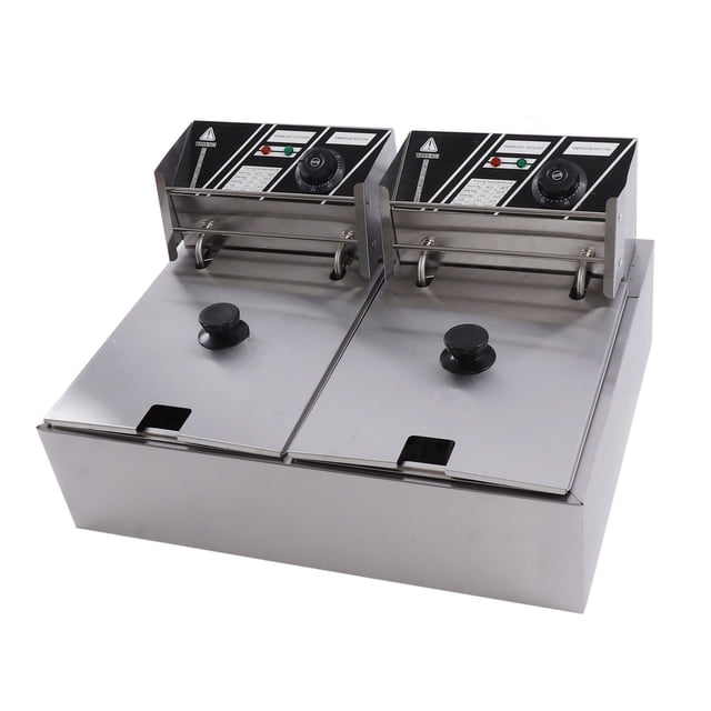 Friteuse Commerciale, Friteuse Électrique 6 L, Friteuse Électrique à Double Réservoir en Acier Inoxydable à Température Réglable avec Panier, Friteuse Électrique de Comptoir pour Restaurant et Maison