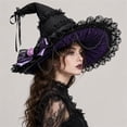 thumbnail image 4 of GILIGEGE Women's Solid Color Gothic Lace Witch Hat,Vintage Ruffled Wide Brim Pointed Hat with Chain Rose Bow, Cosplay Costume Accessory for Halloween Masquerade Party Purple, 4 of 5