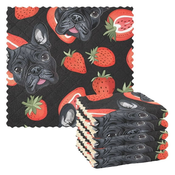 6 Packs French Bulldog and Strawberry Kitchen Dish Towels Soft Absorbent Dish Cloths 11"x11"
