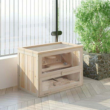 YYAo 2-Level Hamster Cage Mice and Rat House, Small Animal Habitat for Guinea Pigs, Chinchillas with Openable Top, Front Door, Shelf and Ladder, Natural