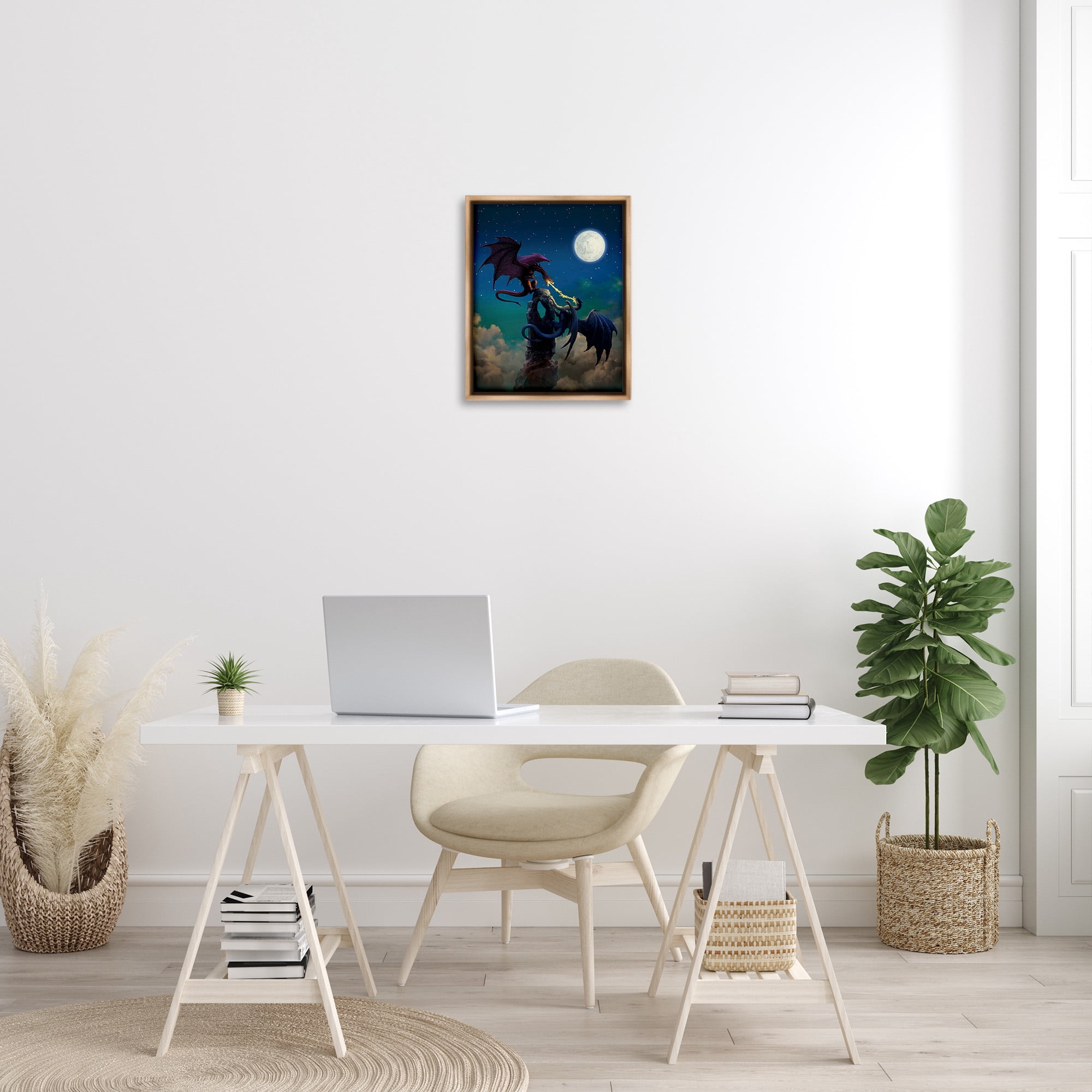 Stupell Industries Battling Dragons at Night Fairy Tales & Fantasy Painting Brown Floater Framed Canvas Art Print Wall Art, 17 x 21