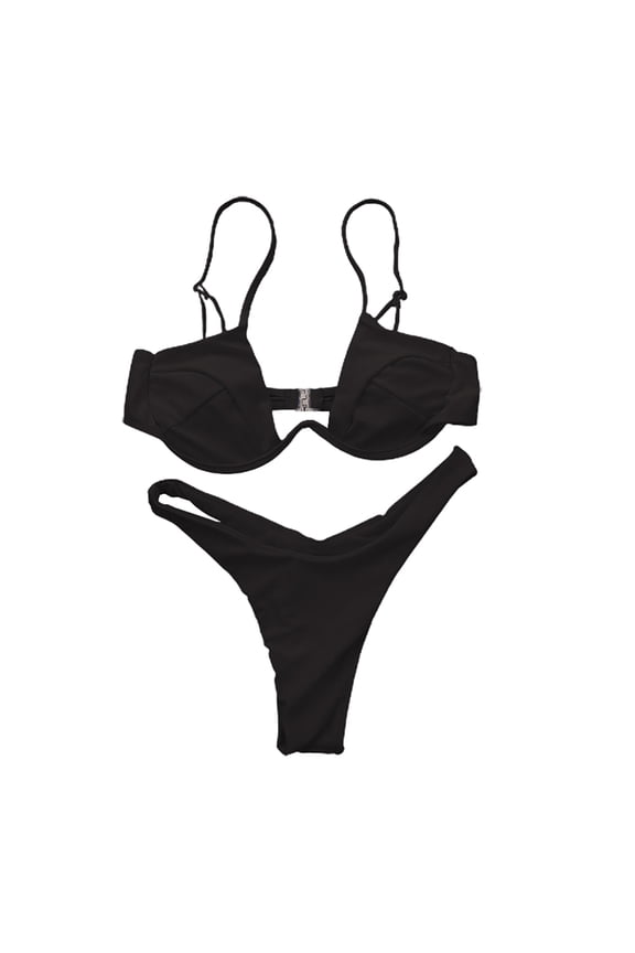 Sexy Women Solid Color Swimsuit Underwired Bra G-string Briefs Beach Bikini Set