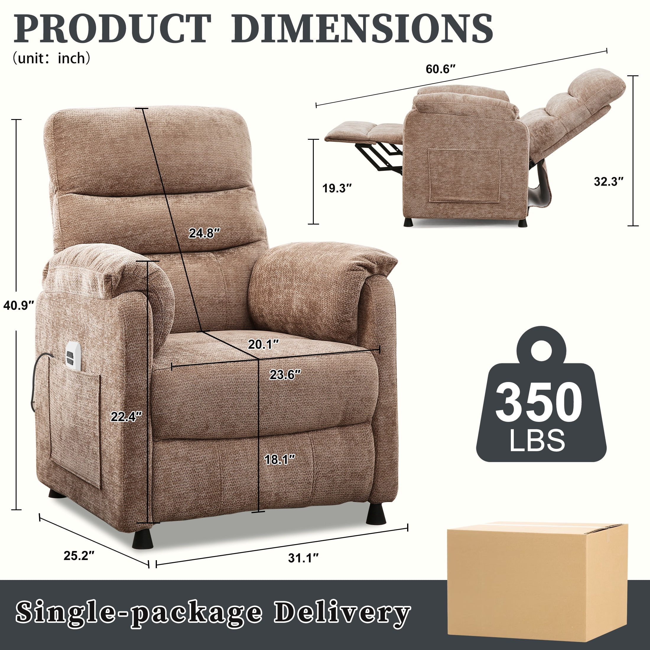 Electric Power Recliner Chair, Modern Chenille Fabric Recliner with Side Pocket & Remote, Nursery Recliner Chair for Living Room Small Space, Brown
