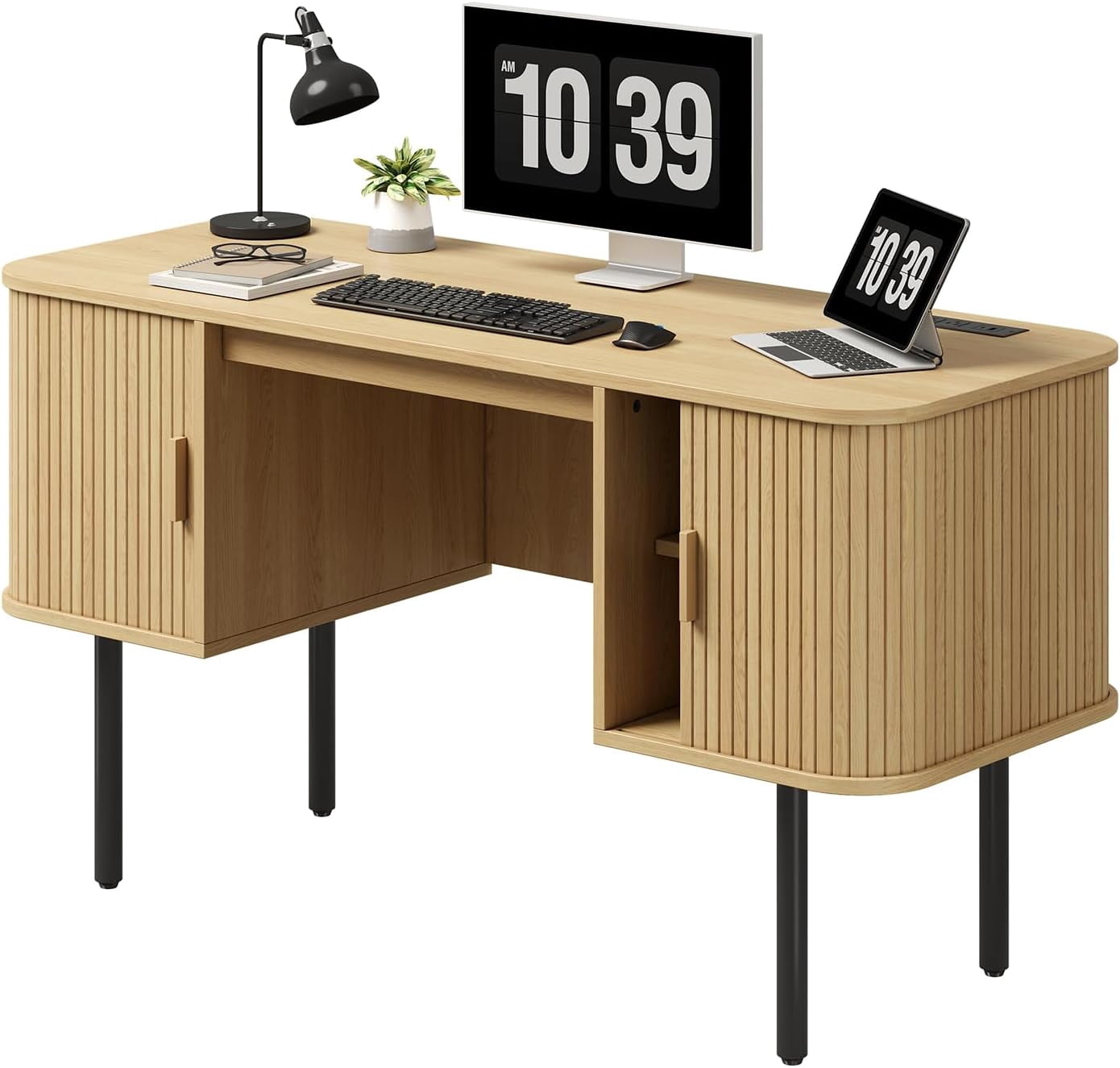 55-Inch Oak Fluted Computer Desk with Charging Station and 2 Storage Cabinets, Mid-Century Executive Desk for Home Office