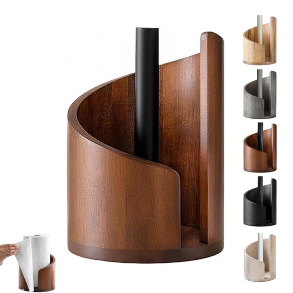 Wood and Iron Paper Towel Holder, Countertop One Handed Tear Stand for Kitchen Bath, 6.5x10.2in