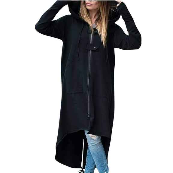 Fesfesfes Fashion Women Sweatshirt Loose Hoodie Knee Length Long Overcoat Long Sleeve Shirt Pockets Solid Hooded Coat