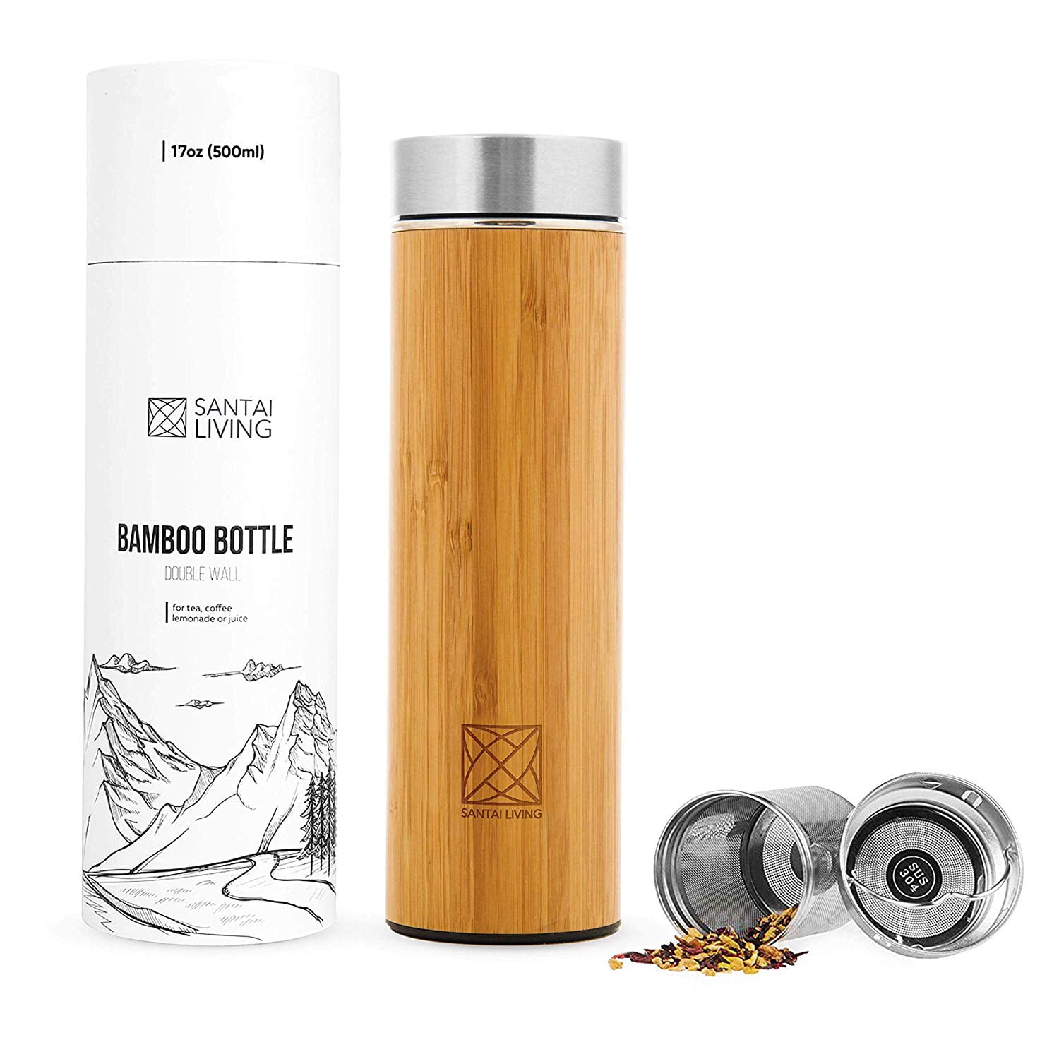 Bamboo Tea Infuser Tumbler Water Thermoses Vacuum Insulated Bottle Double Wall 