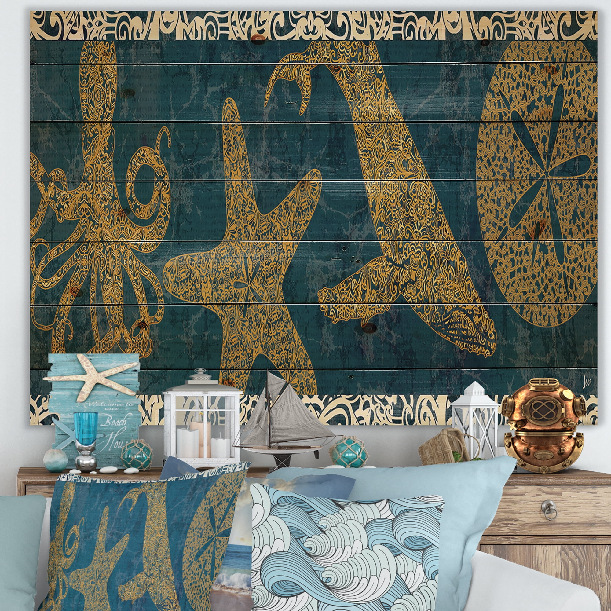 Designart 'Coastal Sea Life Seastar And Octopus' Nautical & Coastal Print on Natural Pine Wood