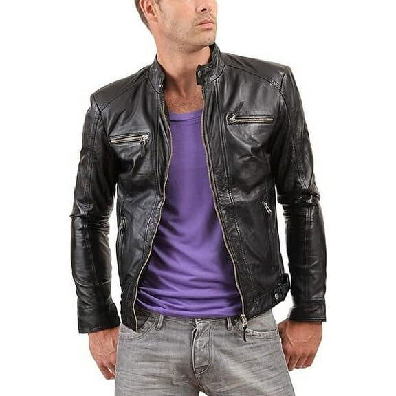 Mens Sheepskin Real Leather Jacket Zipper Biker Moto Slim Fit Jacket MJF013