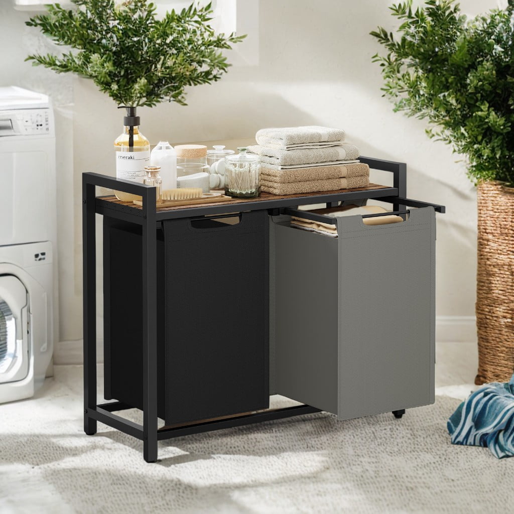 LEDREM 2-Compartment Laundry Hamper with Removable Bags & Storage Shelf, 92L Total Capacity, Steel Frame & Oxford Fabric, Rustic Brown and Charcoal Grey