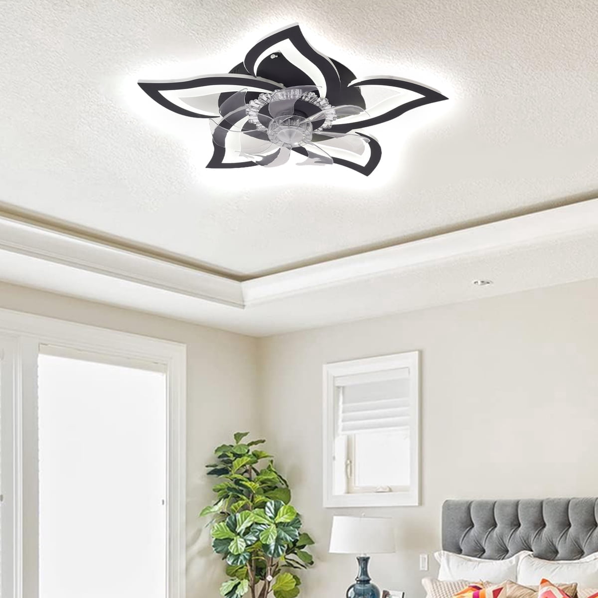 Flower Ceiling Fans with Lights, 27 inches Modern Low Profile Ceiling Fan, Dimmable LED Ceiling Light Fixture, Flush Mount Ceiling Fans with Remote/App for Bedroom, Living room, Black