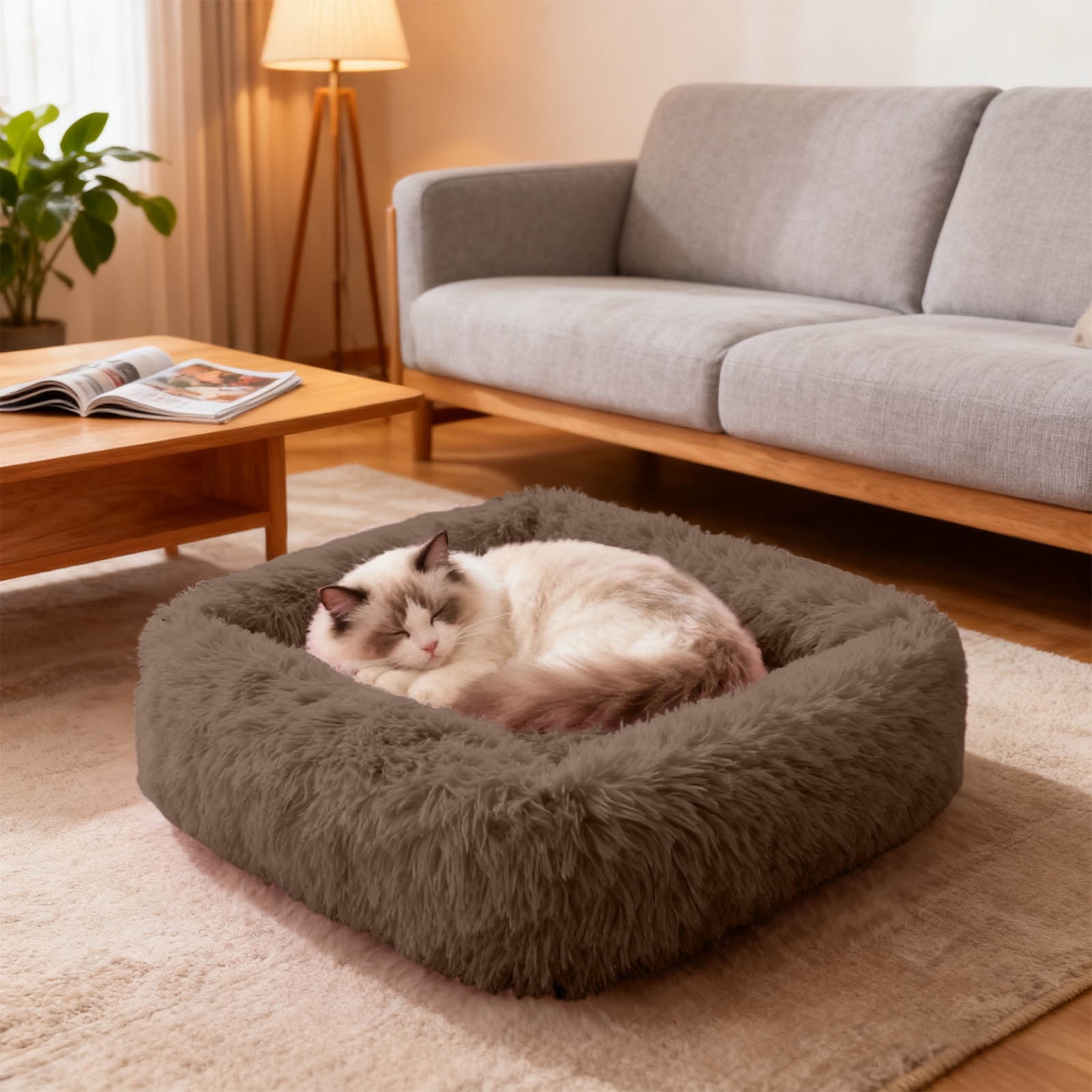 Calming Self Warming Pet Bed for Cats and Dogs Soft Cuddler Cushion Machine Washable Indoor Outdoor Use