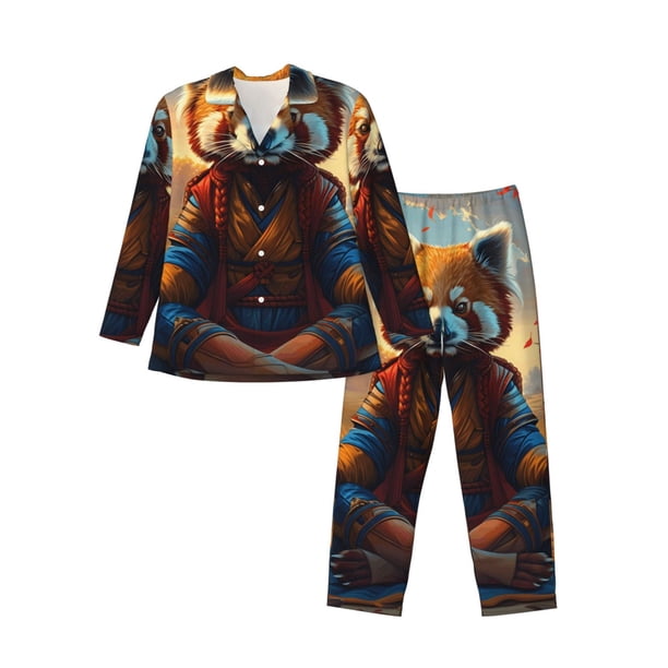 Fotbe Prairie Meditating Raccoon Pijama de Hombre con Estampado de Manga Larga, Conjunto de 2 Piezas, Ropa de Dormir Suave y Cómoda con Bolsillos-XX-Large