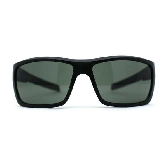 Mens Wrap Around Rectangle Biker Plastic Sunglasses Matte Black Green