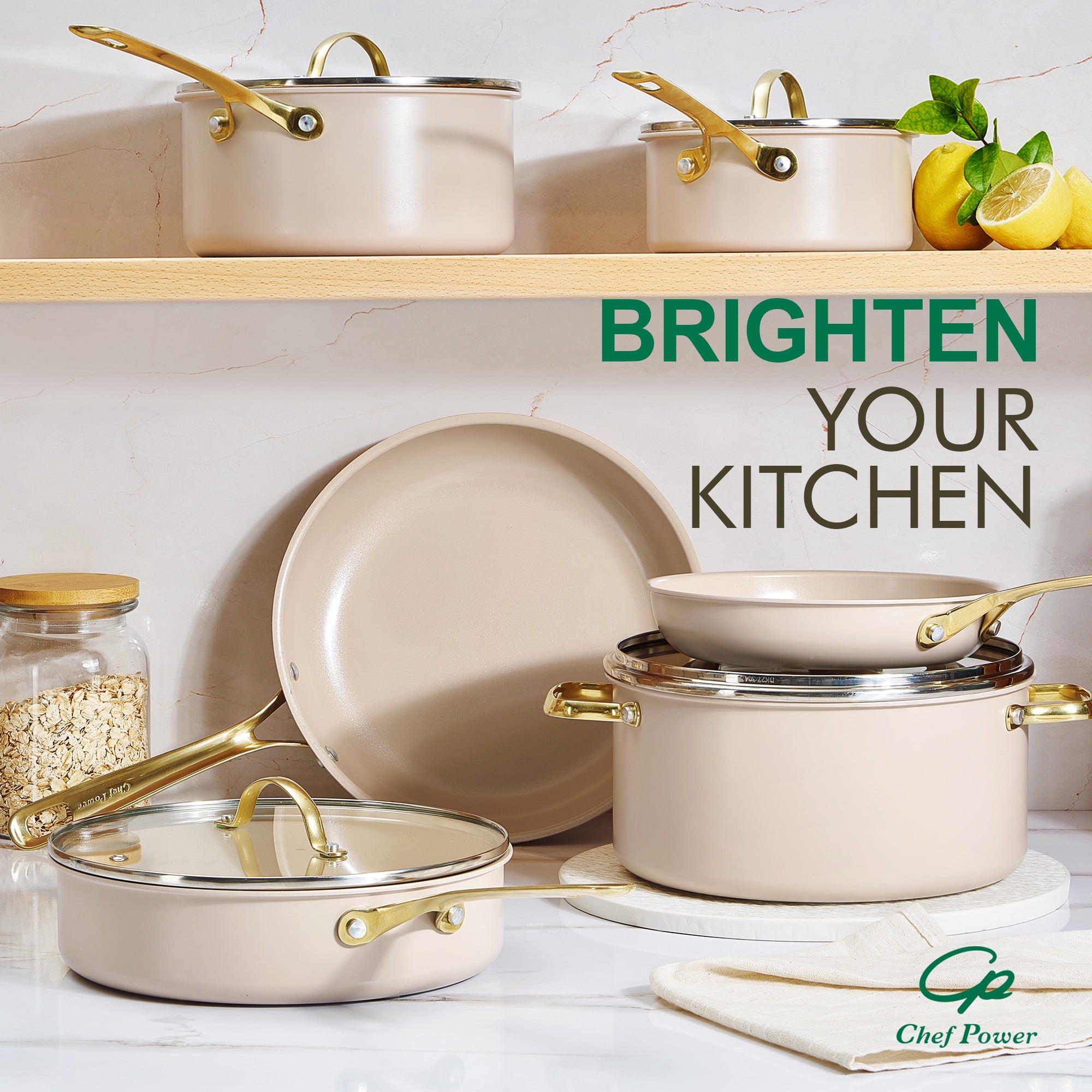 Chef Power Ceramic Cookware Sets, 10Pcs Pots and Pans Set Non Stick, Cookware Set with Stainless Steel Handle, Dishwasher & Oven Safe,  Taupe with Light Gold Handle