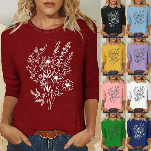 CYMMPU Tunic Tops 3/4 Sleeve Crew Neck Floral Printed Blouses for Women Dressy Casual Summer Trendy Shirts Spring Tops Loose Fit Lightweight Basic Tees Pink L