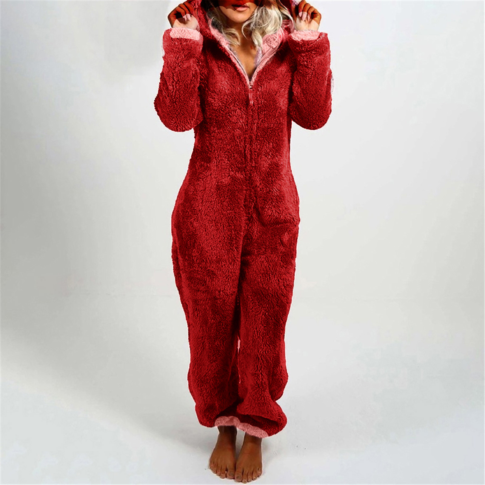 BLVB Womens Sherpa Zip-up Jumpsuit Fleece Onesie Fuzzy Pajama Plush ...