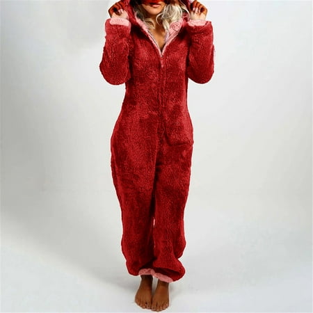 

VEKDONE 2023 Clearance Womens Fleece Onesies Pajamas Jumpsuit Warm Sherpa Romper Sleepwear One Piece Zipper Hooded Playsuit Loungewear