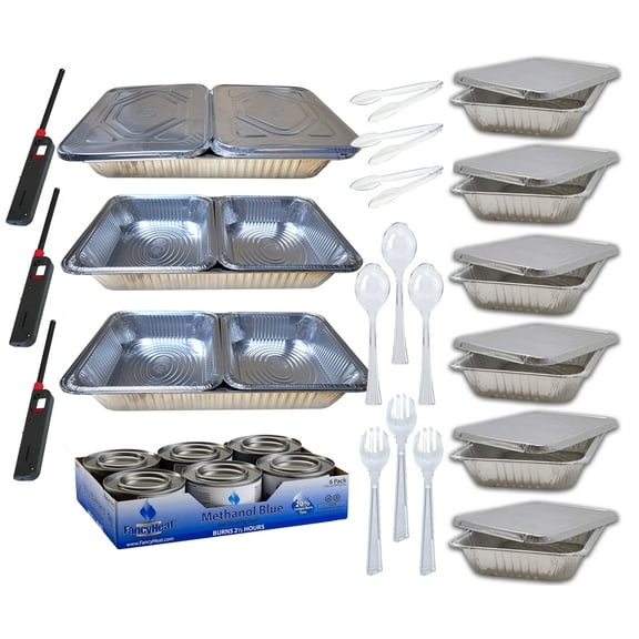 36 Piece Party Buffet Serving Set Refill Kit, Includes Aluminum pans, Methanol Fuel and Serving Utensils (Racks are NOT included)