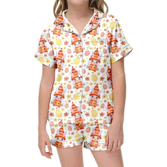 LUOGENLI Girls Pajamas Size 6/32 2 Pajama Sets for Kids with Easter Pygmy Print and Easter Egg Print Short Sleeve Button down Shirt Shorts Pajama Sets Girls Pajamas Size 28 Pants Orange 10-11 Years