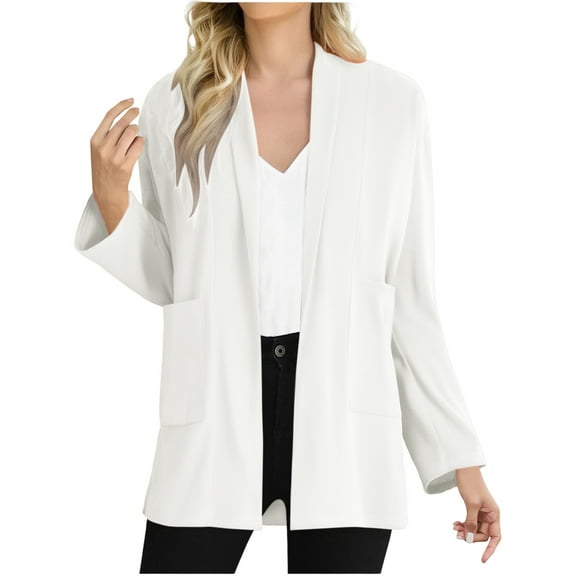 Fesfesfes Women's Open-Front Longline Cardigan 2025 Trendy Relaxed Long Sleeve Collarless Blouses with Pockets Soft Fabric for Office Wear(White,S)