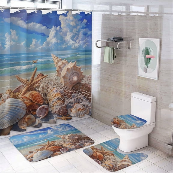 Beach Seashell Starfish 4Pcs Shower Curtain Set Shower Curtain Set with Carpet Bath Mat