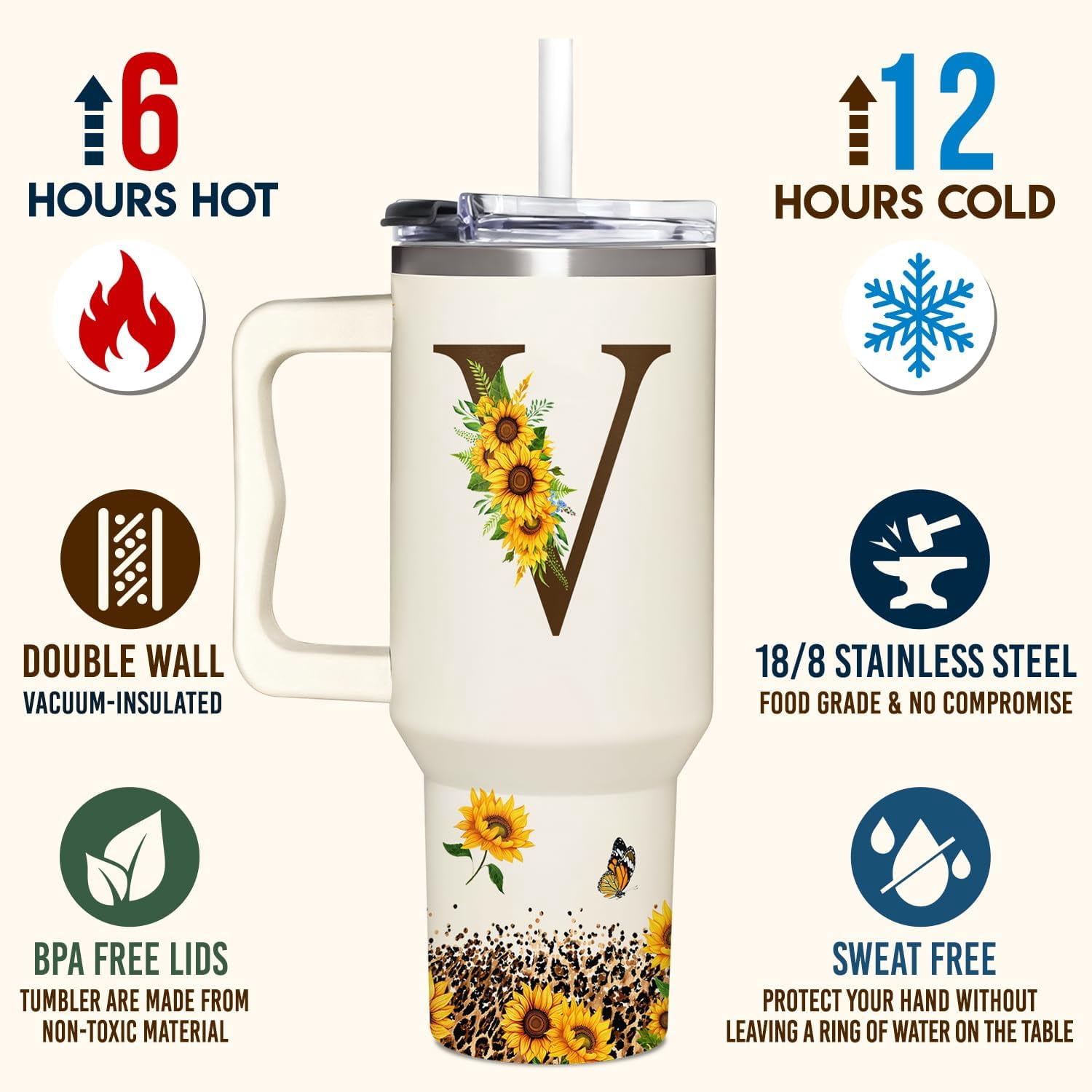 Personalized Birthday Gifts For Women - Sunflowers Monogrammed Cup For Boss Day, Christmas - Customized Gifts For Women, Mom, Wife, Coworkers, Boss Lady, Her - Custom Tumbler With Handle 40oz