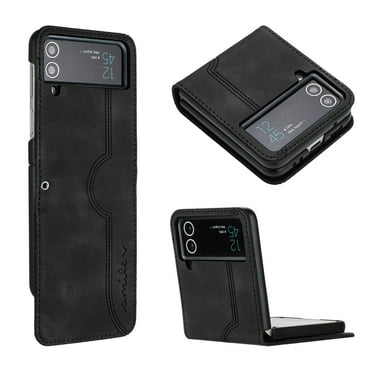 Luxury Case for Samsung Z Flip 3, Smile Design Premium Leather Shockproof Dustproof Anti-Scratch Case Wrist Strap Magnetic Flip Cover for Samsung Galaxy Z Flip 3, Black