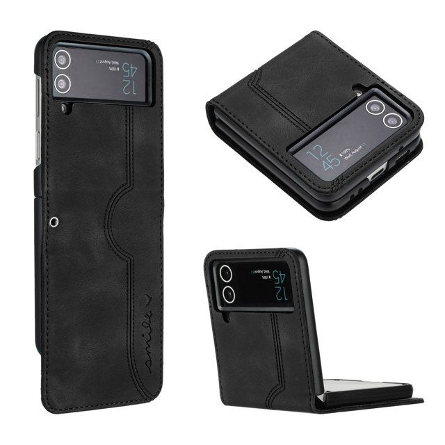 Luxury Case for Samsung Z Flip 3, Smile Design Premium Leather Shockproof Dustproof Anti-Scratch Case with Wrist Strap Magnetic Flip Cover for Samsung Galaxy Z Flip 3, Black